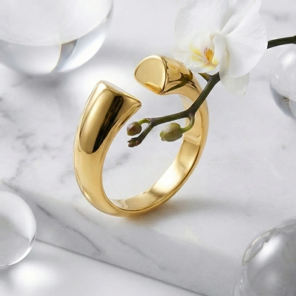 18k Gold Plated 316L SS Open Cuff Ring Adjustable Sculptural Gold Adj 7-9